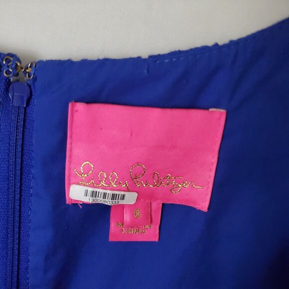 Lilly Pulitzer Royal Blue Eyelet Kaylee Shift Dress Size 6 Cotton Ruffle - Picture 8 of 11